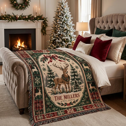 Personalized Christmas Deer Woven Blanket – Custom Family Name Holiday Throw