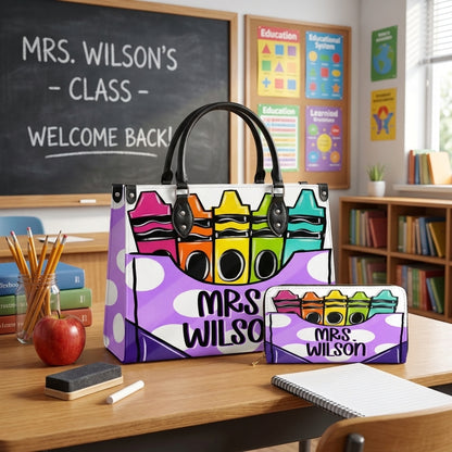 Colorful Crayon Box Personalized Leather Bag + Free Matching Leather Wallet