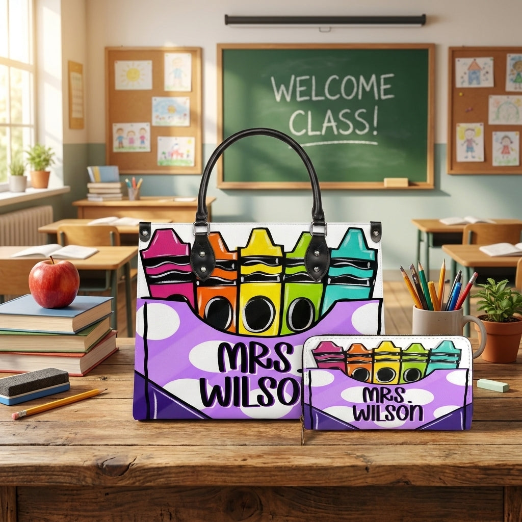 Colorful Crayon Box Personalized Leather Bag + Free Matching Leather Wallet