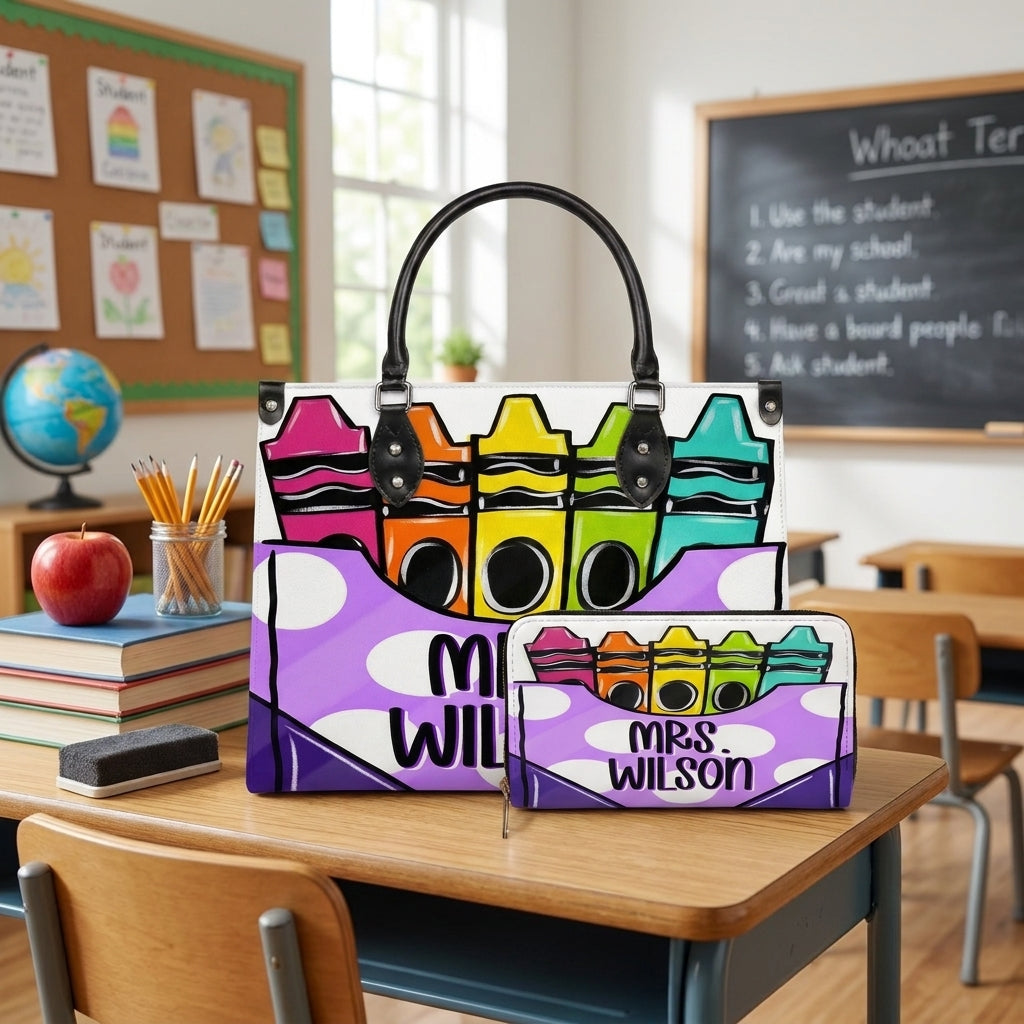 Colorful Crayon Box Personalized Leather Bag + Free Matching Leather Wallet