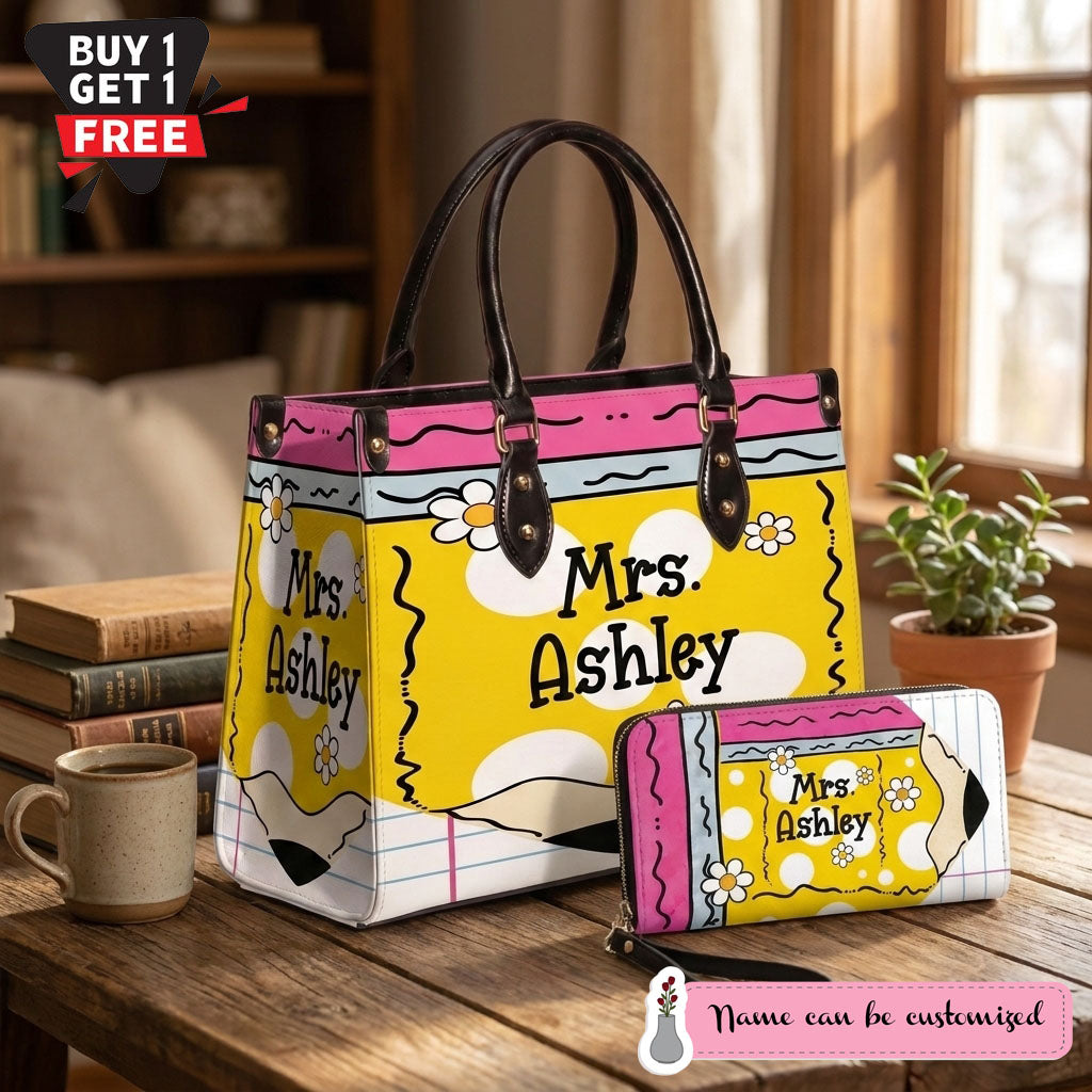 Teacher Name Floral Pencil Personalized Leather Bag + FREE Matching Leather Wallet