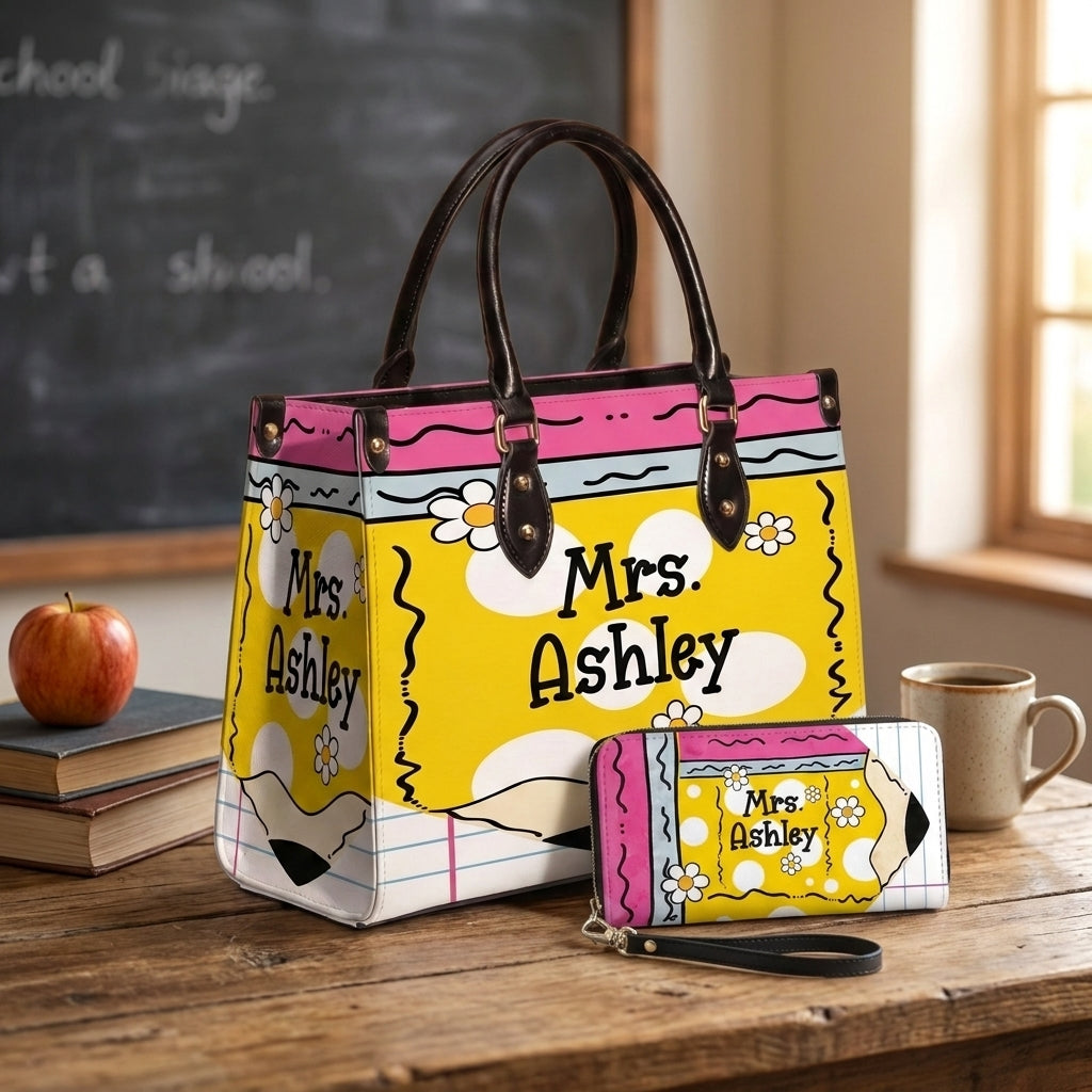 Teacher Name Floral Pencil Personalized Leather Bag + FREE Matching Leather Wallet