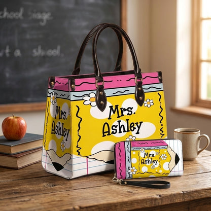 Teacher Name Floral Pencil Personalized Leather Bag + FREE Matching Leather Wallet