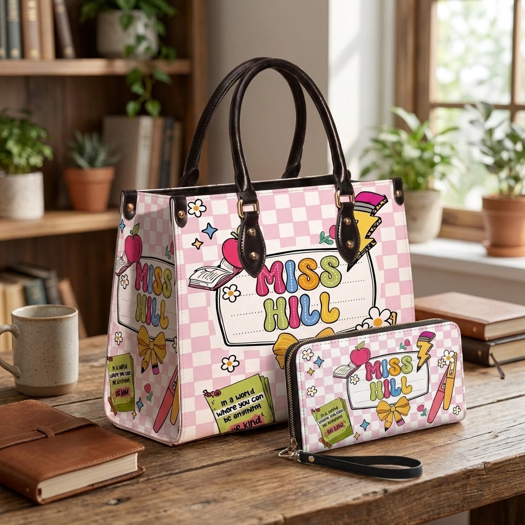 Lovely Teacher Name Personalized Leather Bag + FREE Matching Leather Wallet
