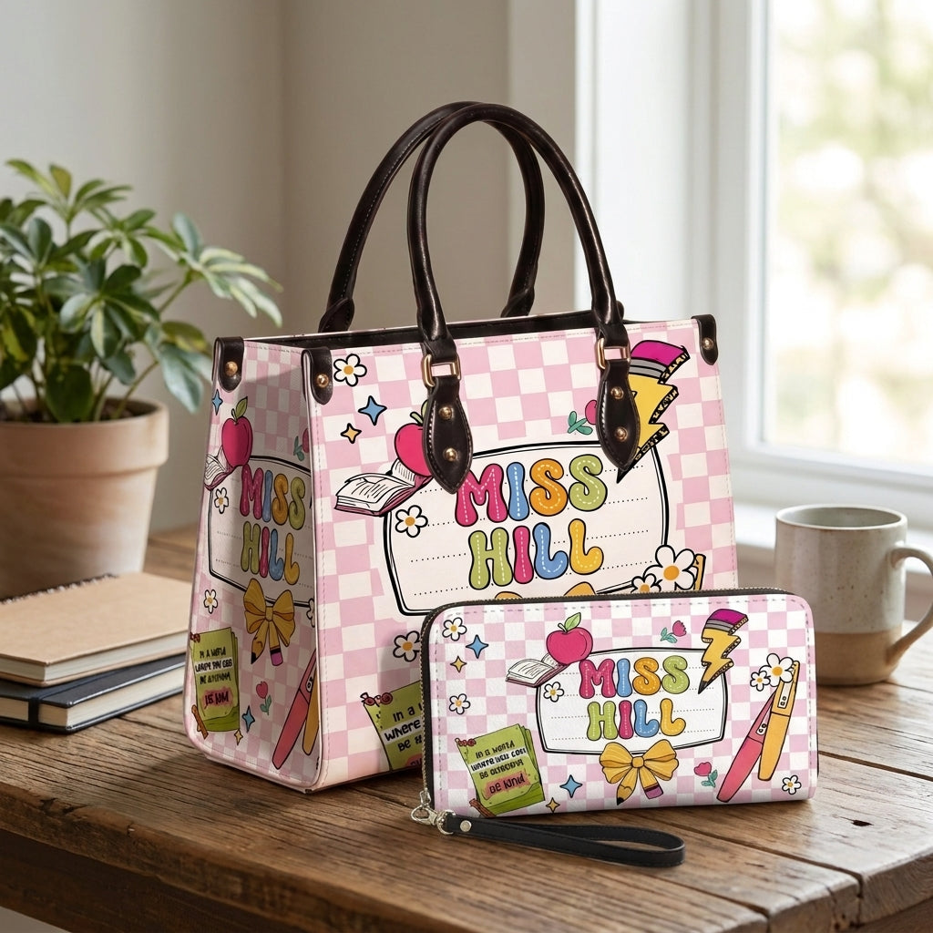 Lovely Teacher Name Personalized Leather Bag + FREE Matching Leather Wallet