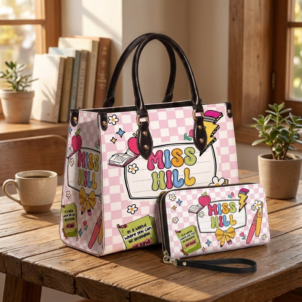 Lovely Teacher Name Personalized Leather Bag + FREE Matching Leather Wallet