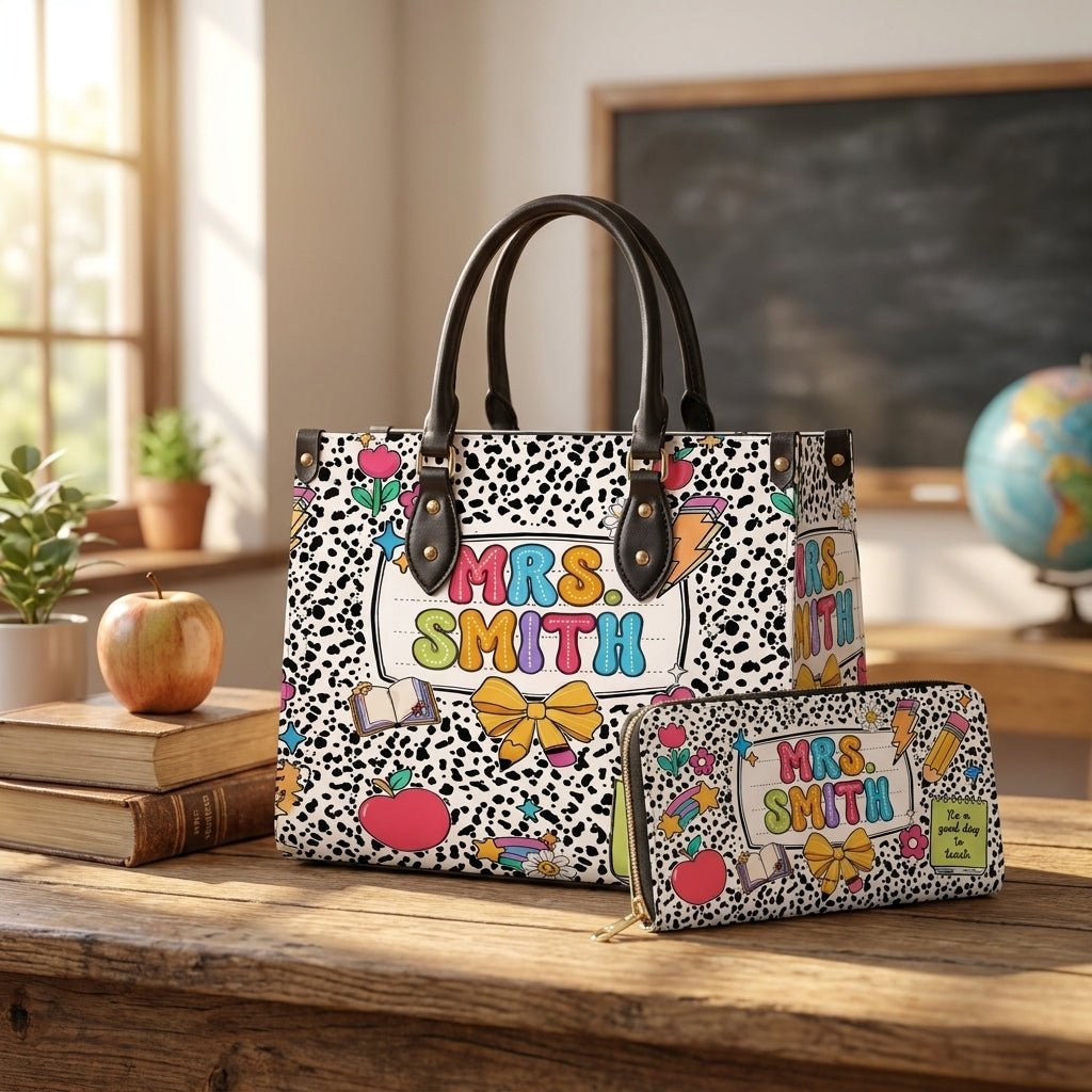 Teacher Name Back To School Personalized Leather Bag + FREE Matching Leather Wallet
