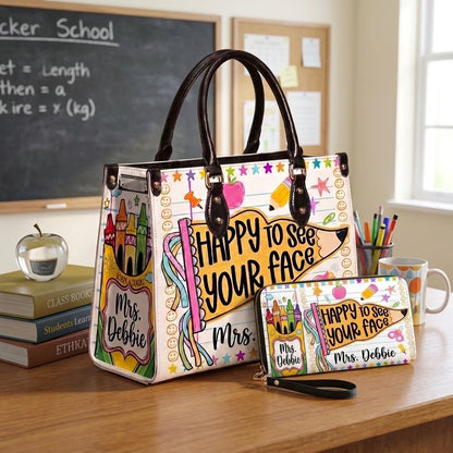 Happy To See Your Face Personalized Leather Bag + FREE Matching Leather Wallet