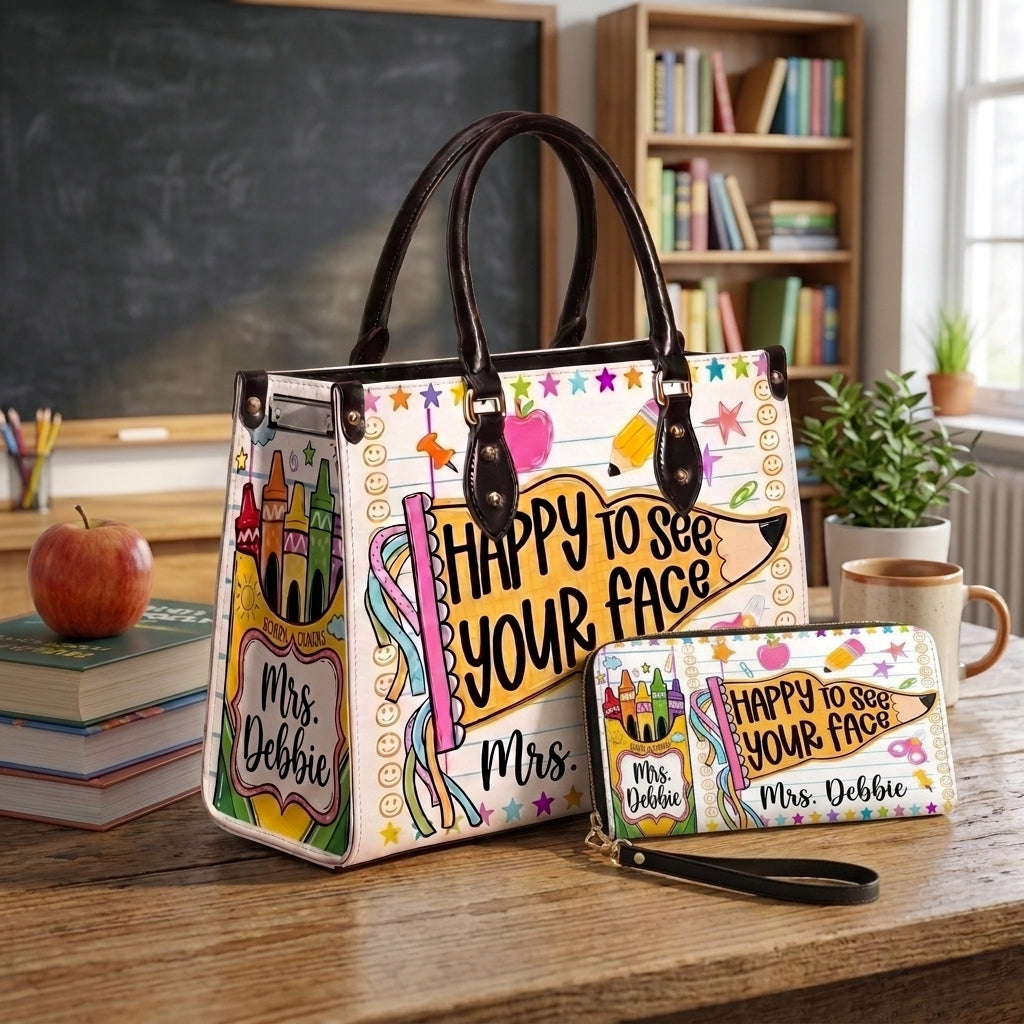 Happy To See Your Face Personalized Leather Bag + FREE Matching Leather Wallet