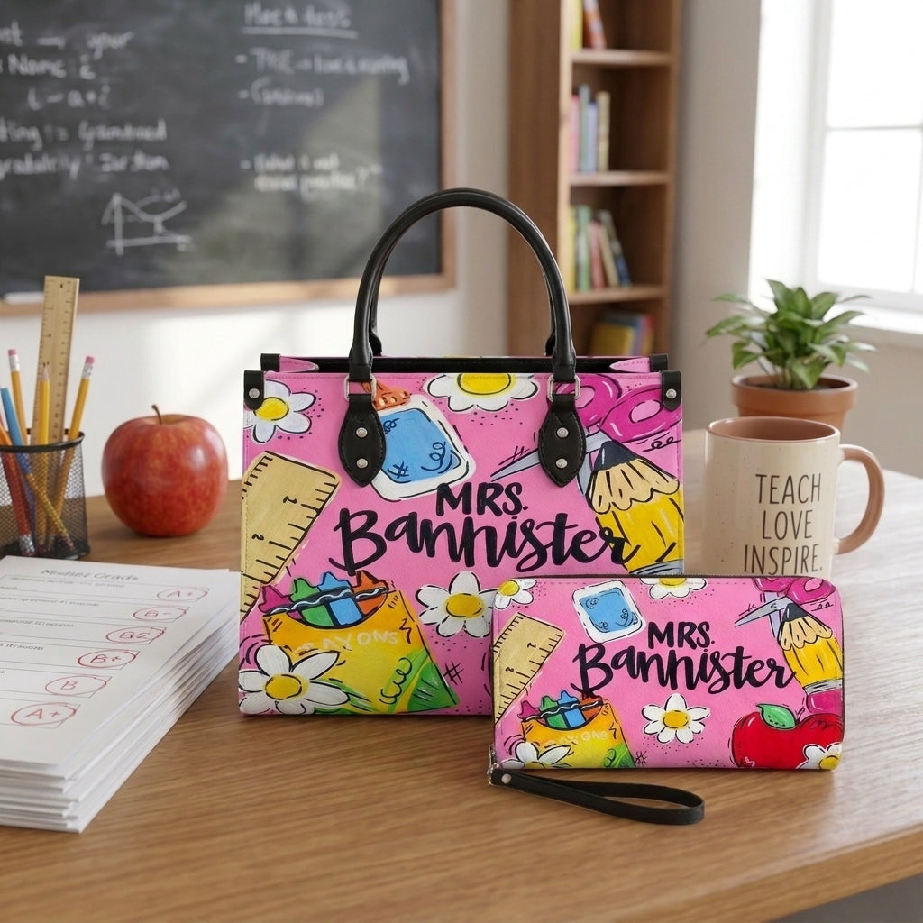 Cute Pink Teacher Personalized Leather Bag + Free Matching Leather Wallet