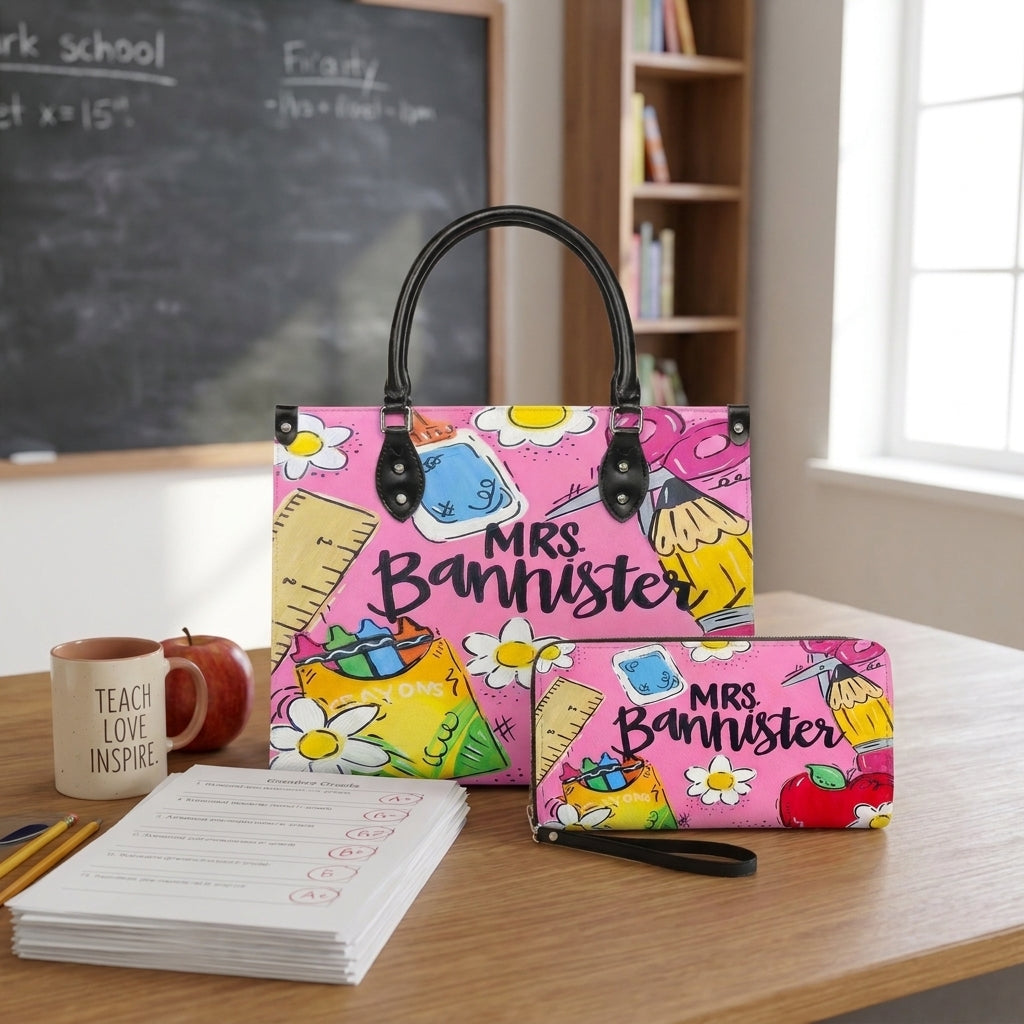 Cute Pink Teacher Personalized Leather Bag + Free Matching Leather Wallet