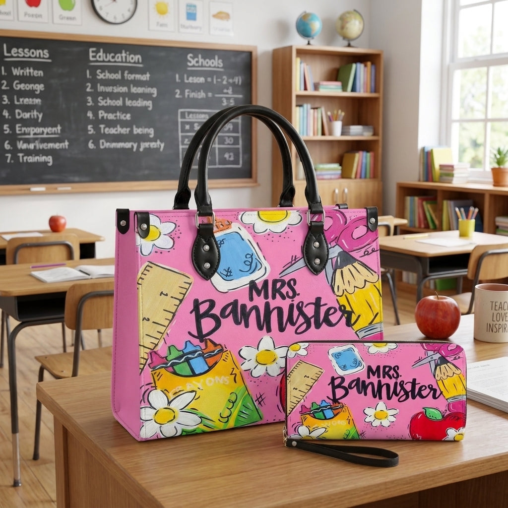 Cute Pink Teacher Personalized Leather Bag + Free Matching Leather Wallet