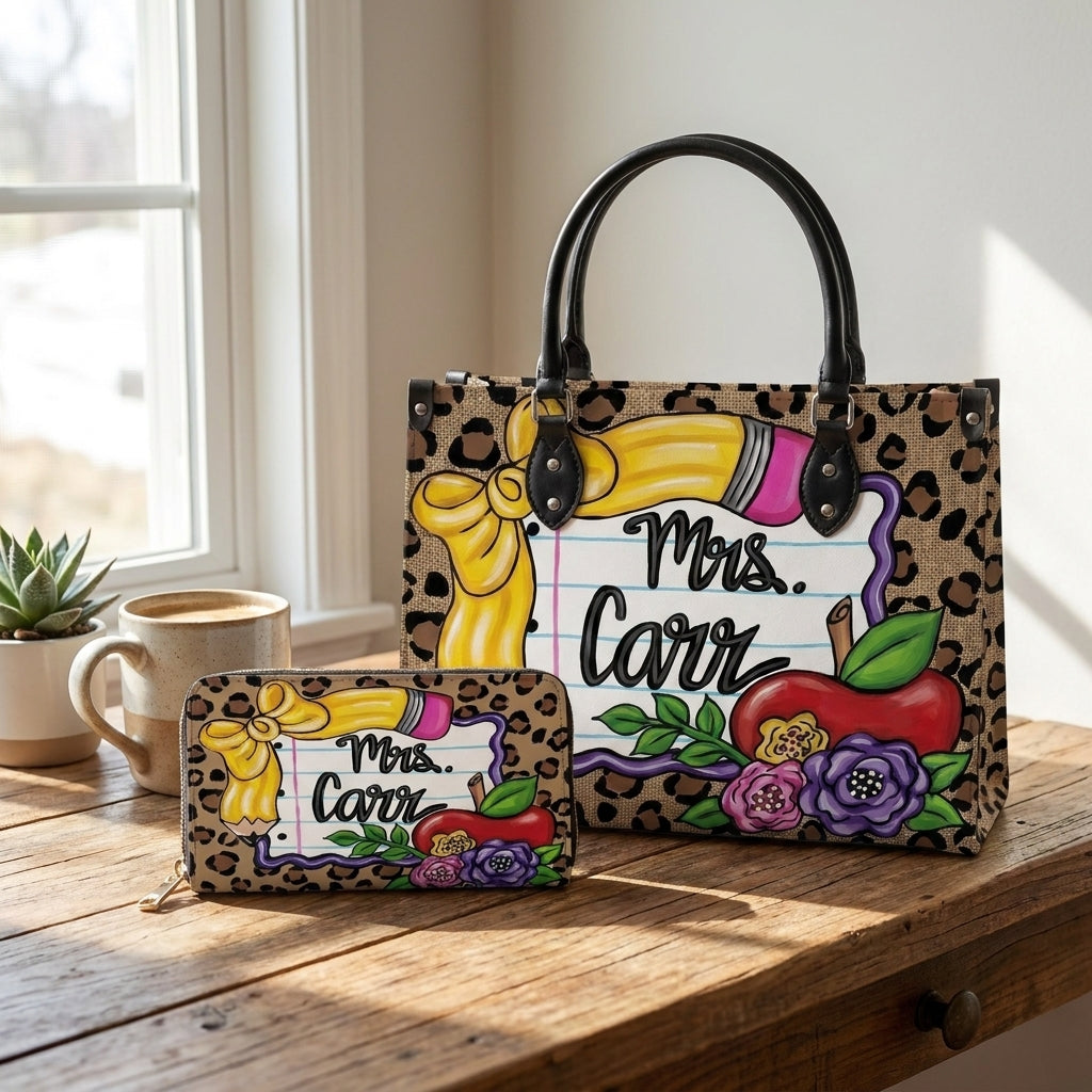 Leopard Apple & Floral Personalized Leather Bag + Free Matching Leather Wallet