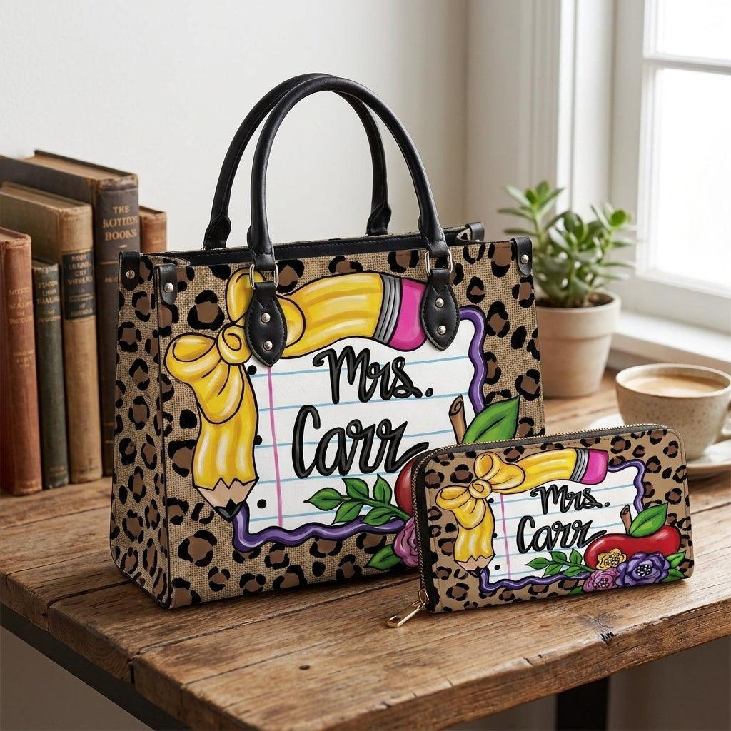 Leopard Apple & Floral Personalized Leather Bag + Free Matching Leather Wallet