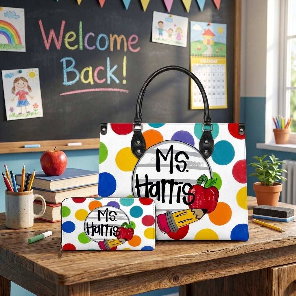 Polka Dot Classroom Personalized Leather Bag + Free Matching Leather Wallet
