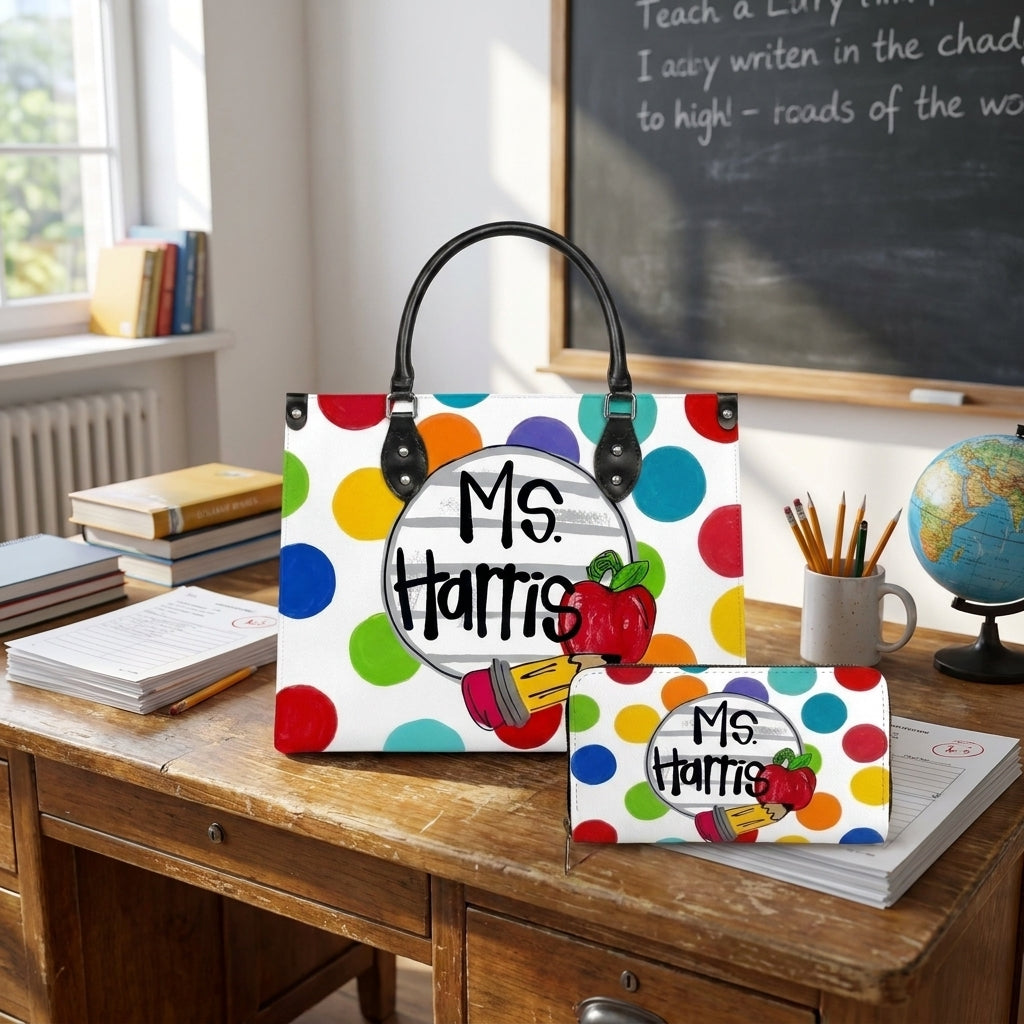 Polka Dot Classroom Personalized Leather Bag + Free Matching Leather Wallet