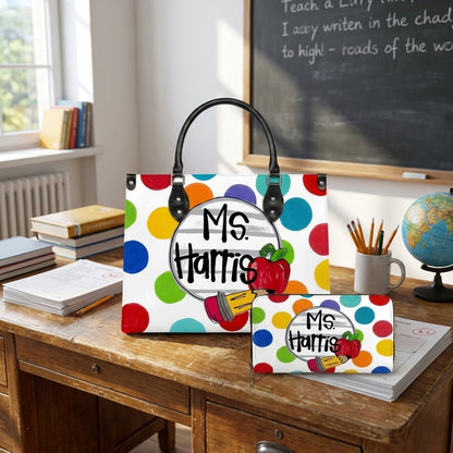 Polka Dot Classroom Personalized Leather Bag + Free Matching Leather Wallet
