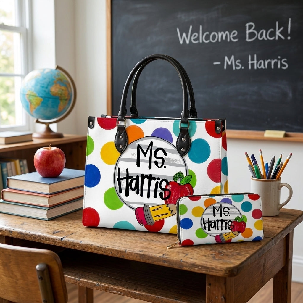 Polka Dot Classroom Personalized Leather Bag + Free Matching Leather Wallet