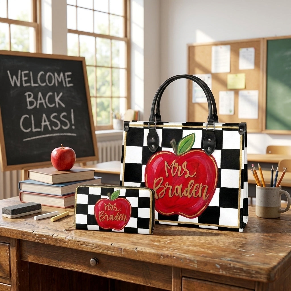 Apple Checkerboard Personalized Leather Bag + Free Matching Leather Wallet