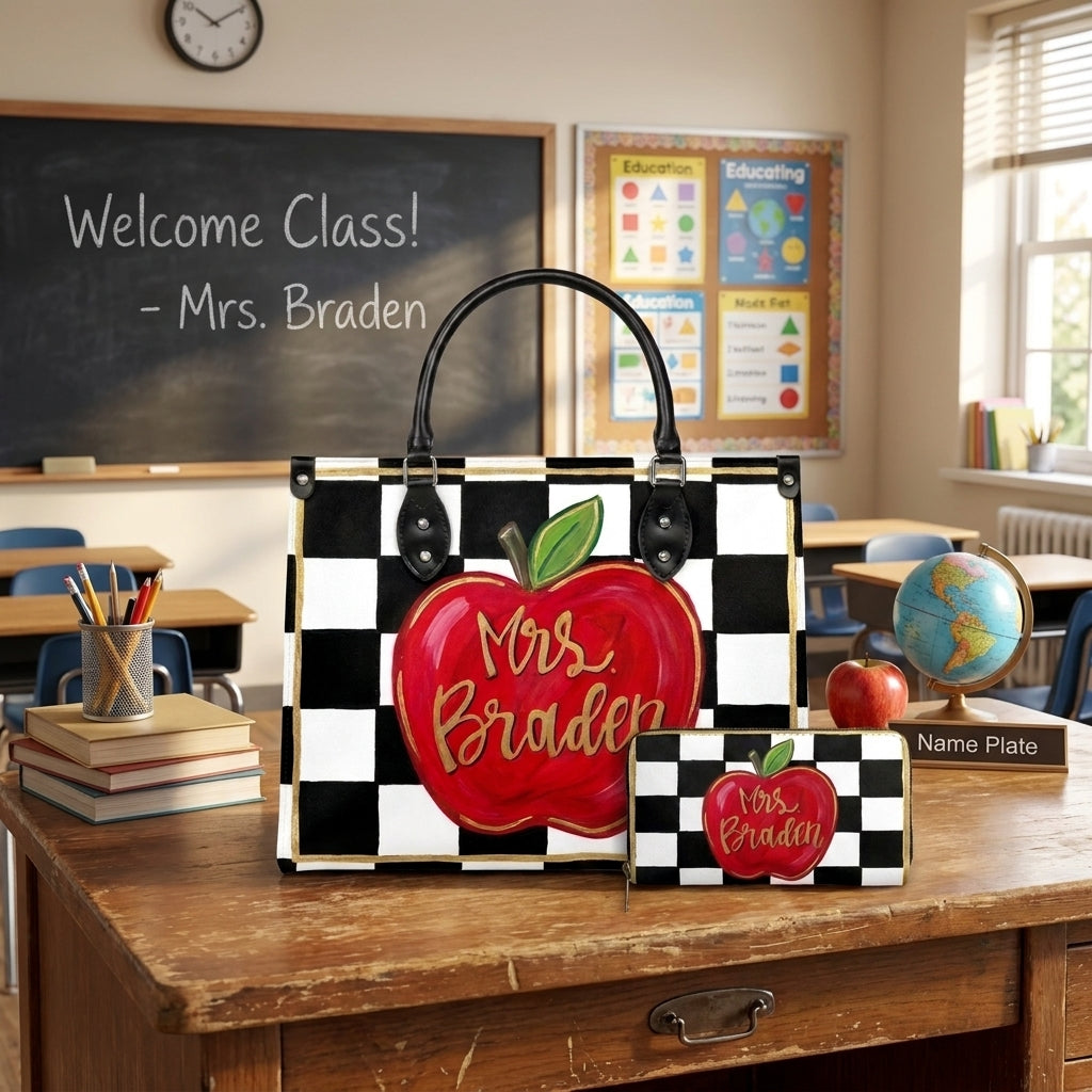 Apple Checkerboard Personalized Leather Bag + Free Matching Leather Wallet
