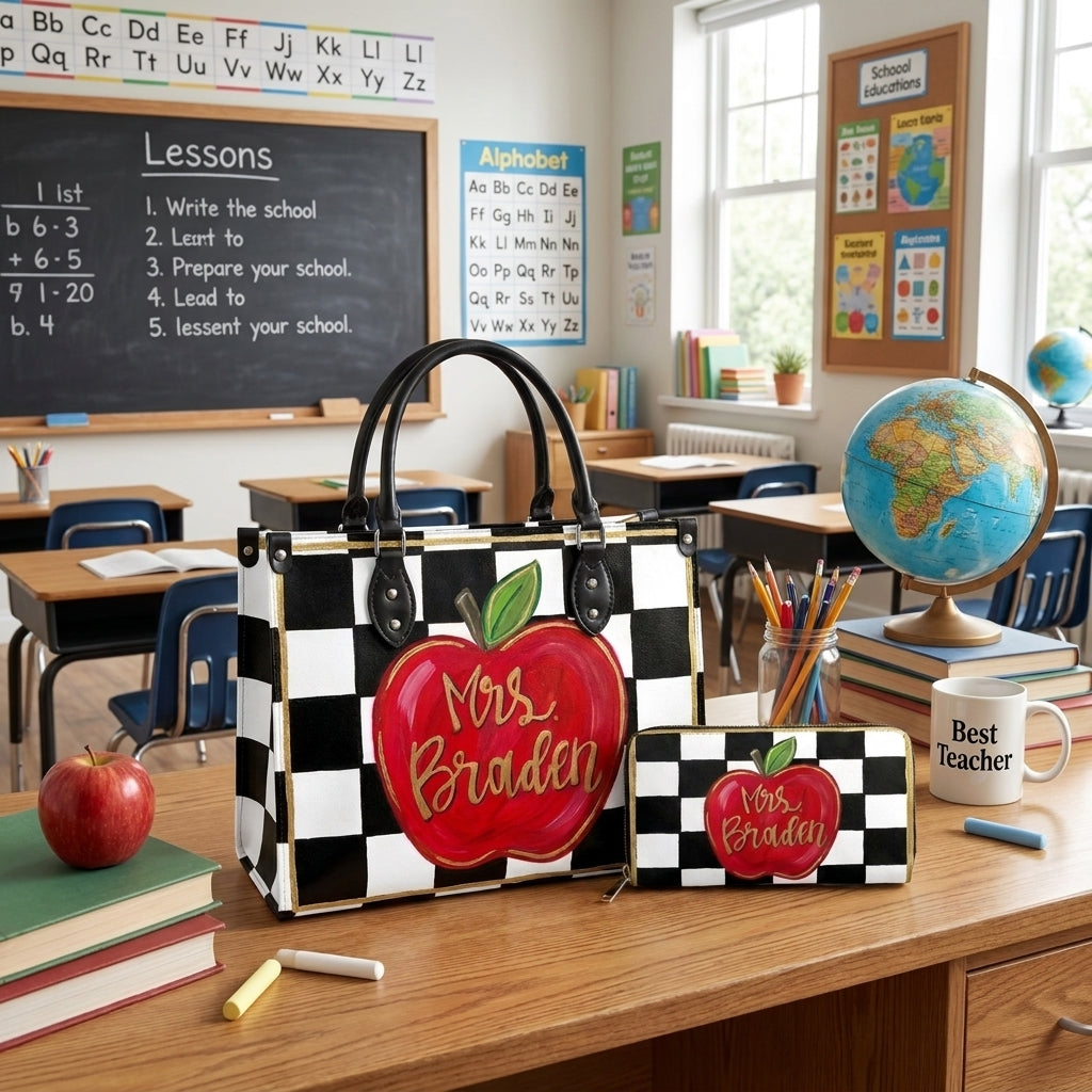 Apple Checkerboard Personalized Leather Bag + Free Matching Leather Wallet