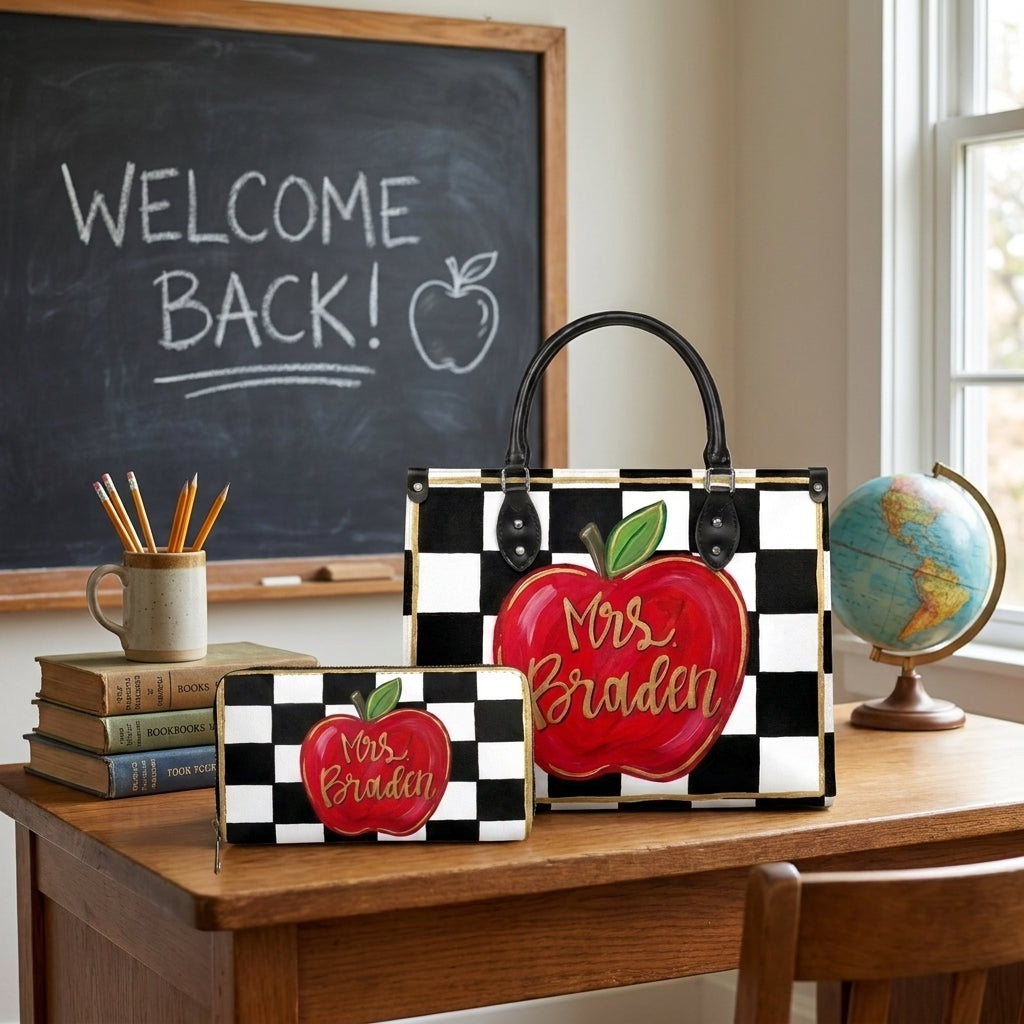 Apple Checkerboard Personalized Leather Bag + Free Matching Leather Wallet
