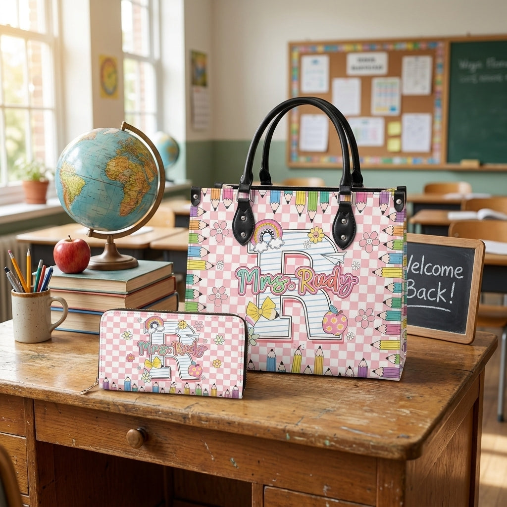Pencil & Floral Monogram Personalized Leather Bag + Free Matching Leather Wallet