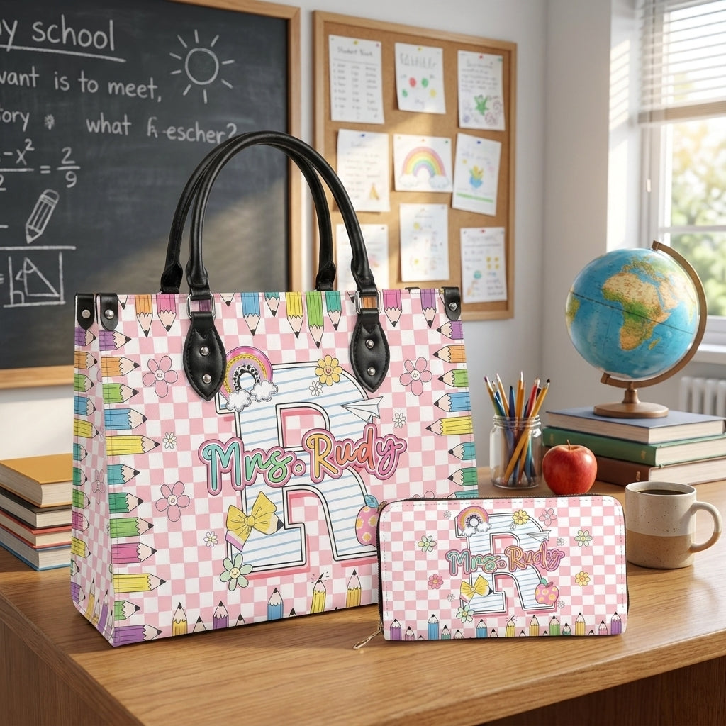 Pencil & Floral Monogram Personalized Leather Bag + Free Matching Leather Wallet