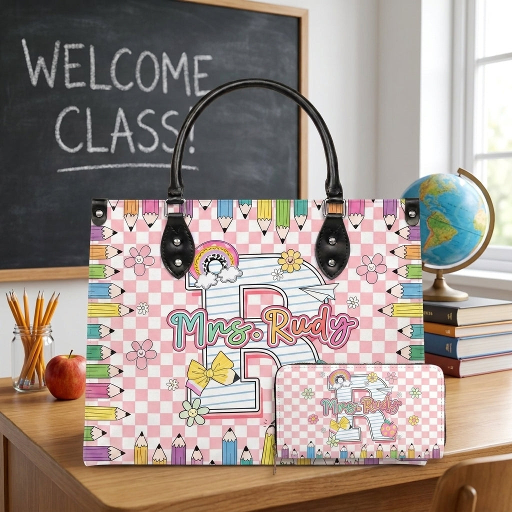 Pencil & Floral Monogram Personalized Leather Bag + Free Matching Leather Wallet