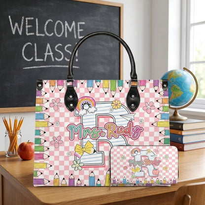 Pencil & Floral Monogram Personalized Leather Bag + Free Matching Leather Wallet