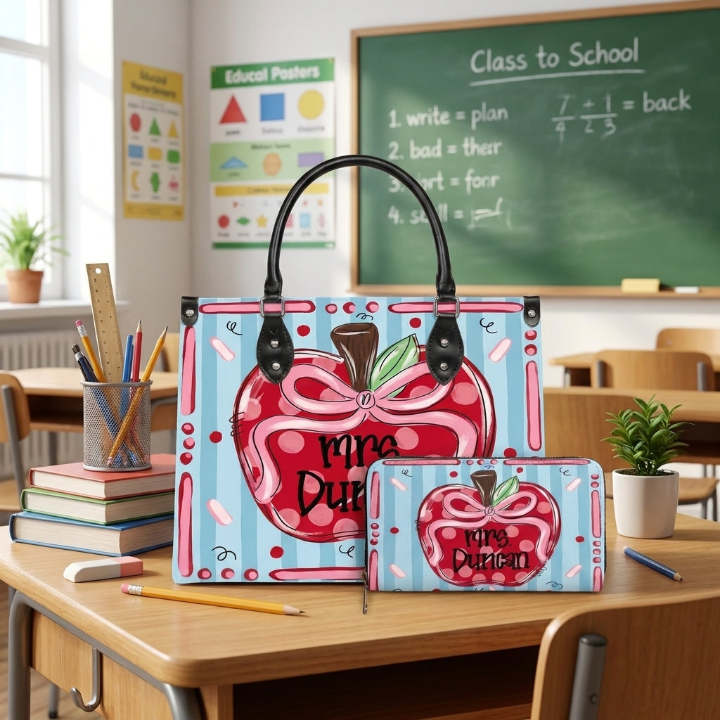 Coquette Apple Teacher Personalized Leather Bag + Free Matching Leather Wallet