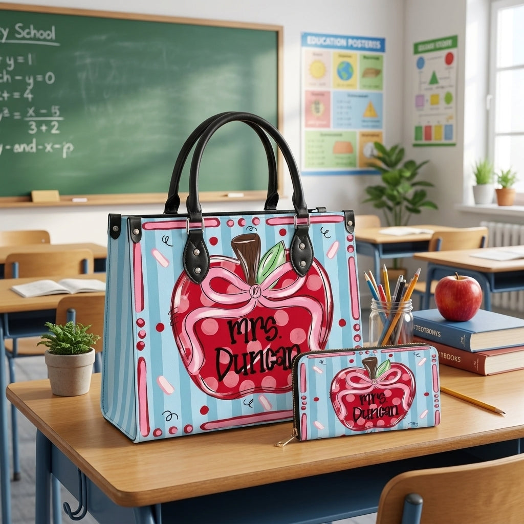 Coquette Apple Teacher Personalized Leather Bag + Free Matching Leather Wallet