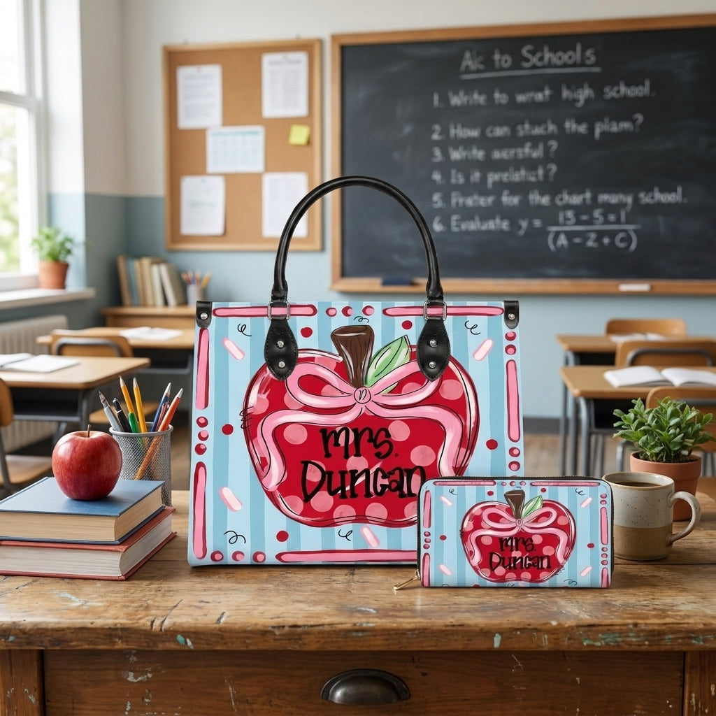 Coquette Apple Teacher Personalized Leather Bag + Free Matching Leather Wallet