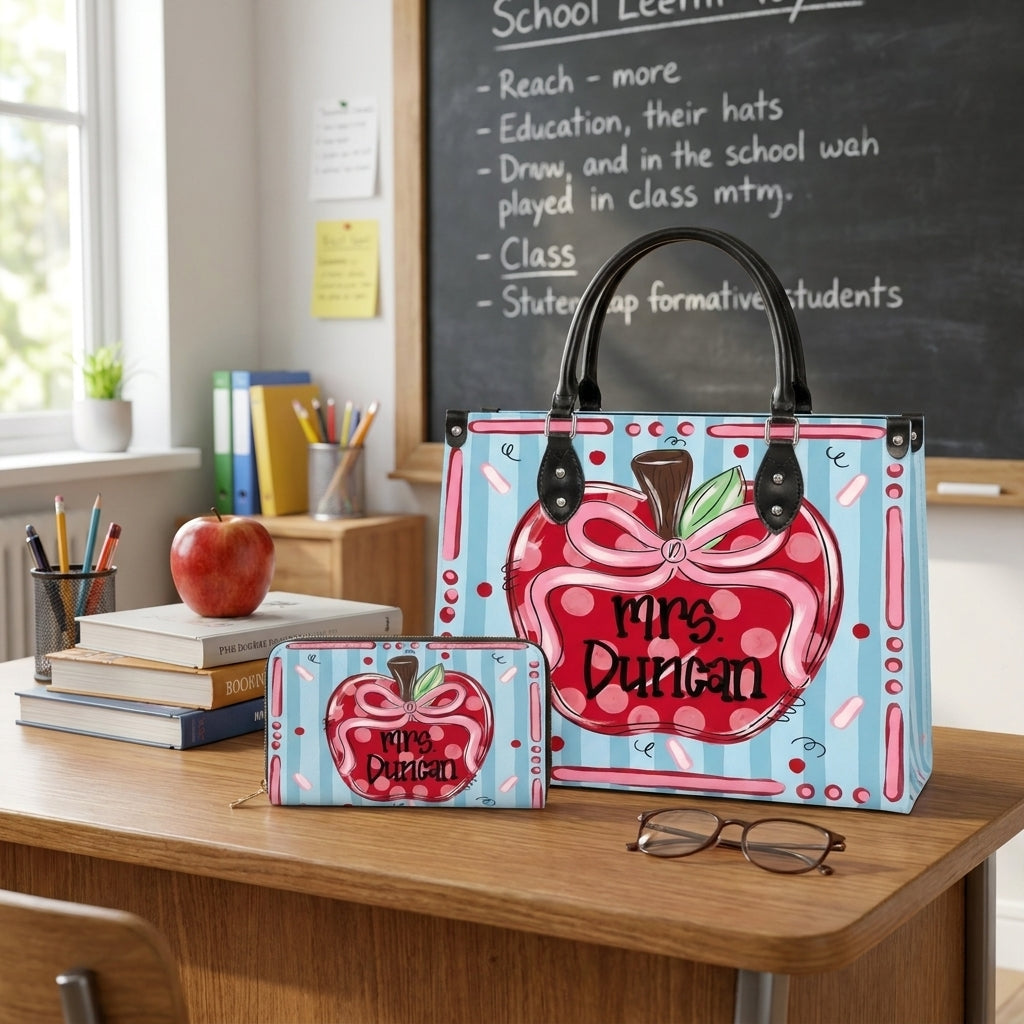 Coquette Apple Teacher Personalized Leather Bag + Free Matching Leather Wallet