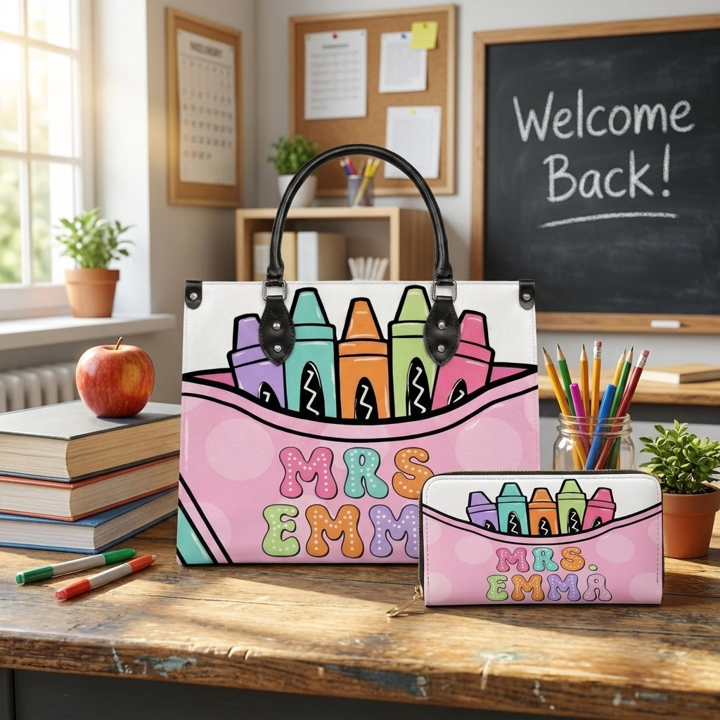 Pastel Crayon Box Personalized Leather Bag + Free Matching Leather Wallet