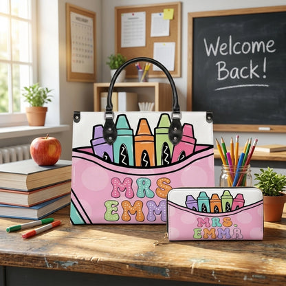 Pastel Crayon Box Personalized Leather Bag + Free Matching Leather Wallet