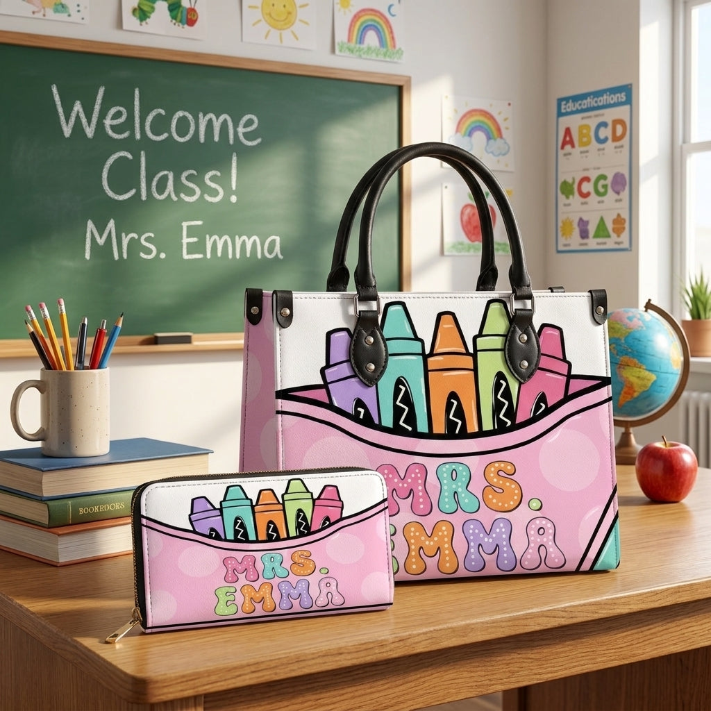 Pastel Crayon Box Personalized Leather Bag + Free Matching Leather Wallet