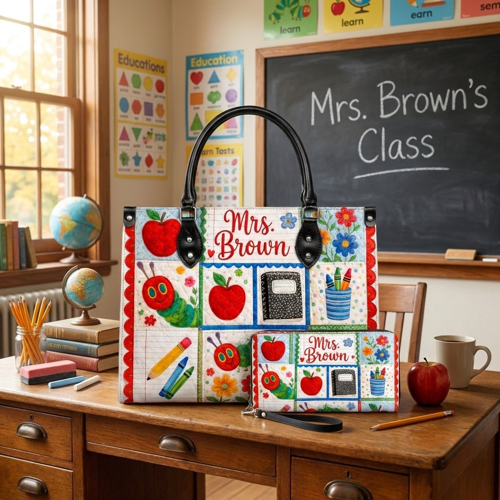 Teacher Patchwork Personalized Leather Bag + Free Matching Leather Wallet