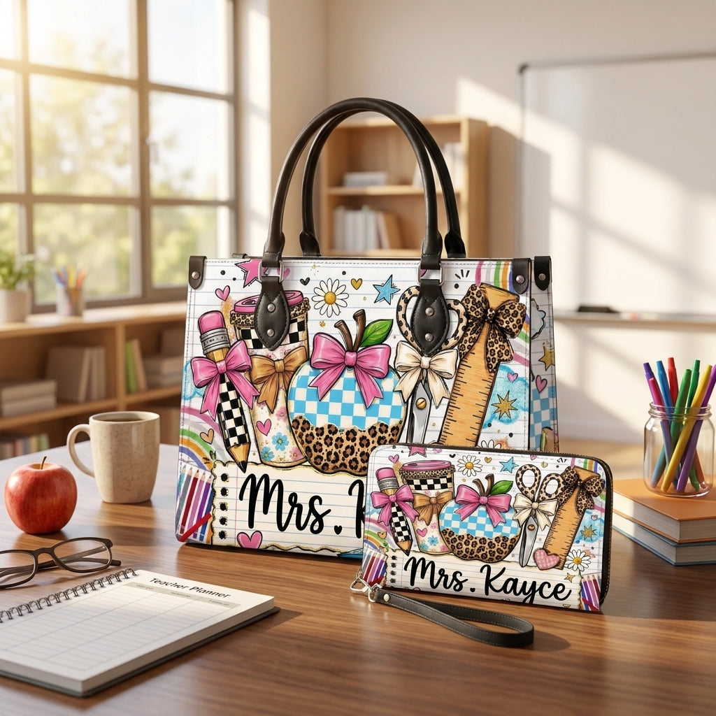 Leopard Apple Teacher Name Personalized Leather Bag + FREE Matching Leather Wallet