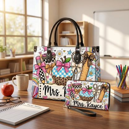 Leopard Apple Teacher Name Personalized Leather Bag + FREE Matching Leather Wallet