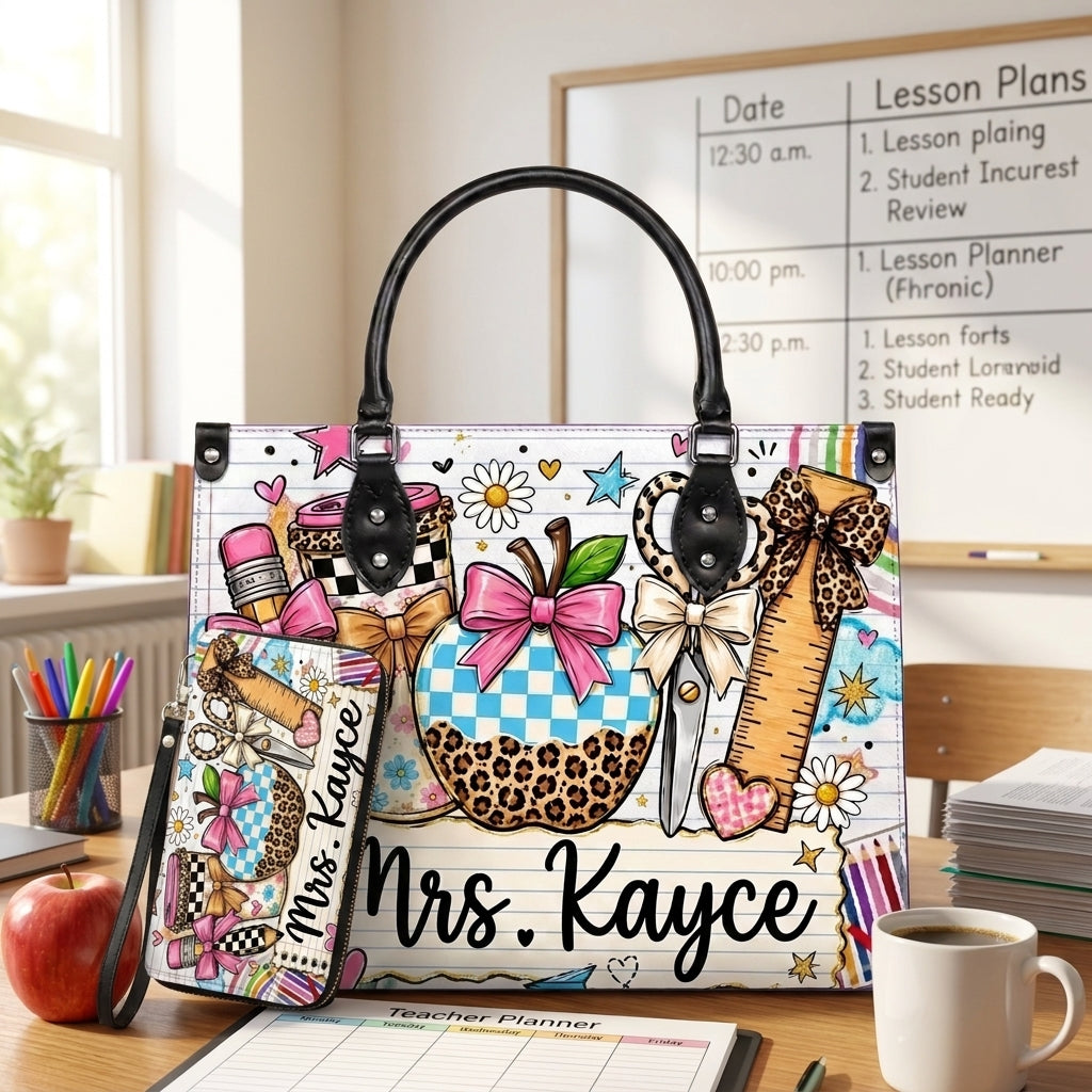 Leopard Apple Teacher Name Personalized Leather Bag + FREE Matching Leather Wallet