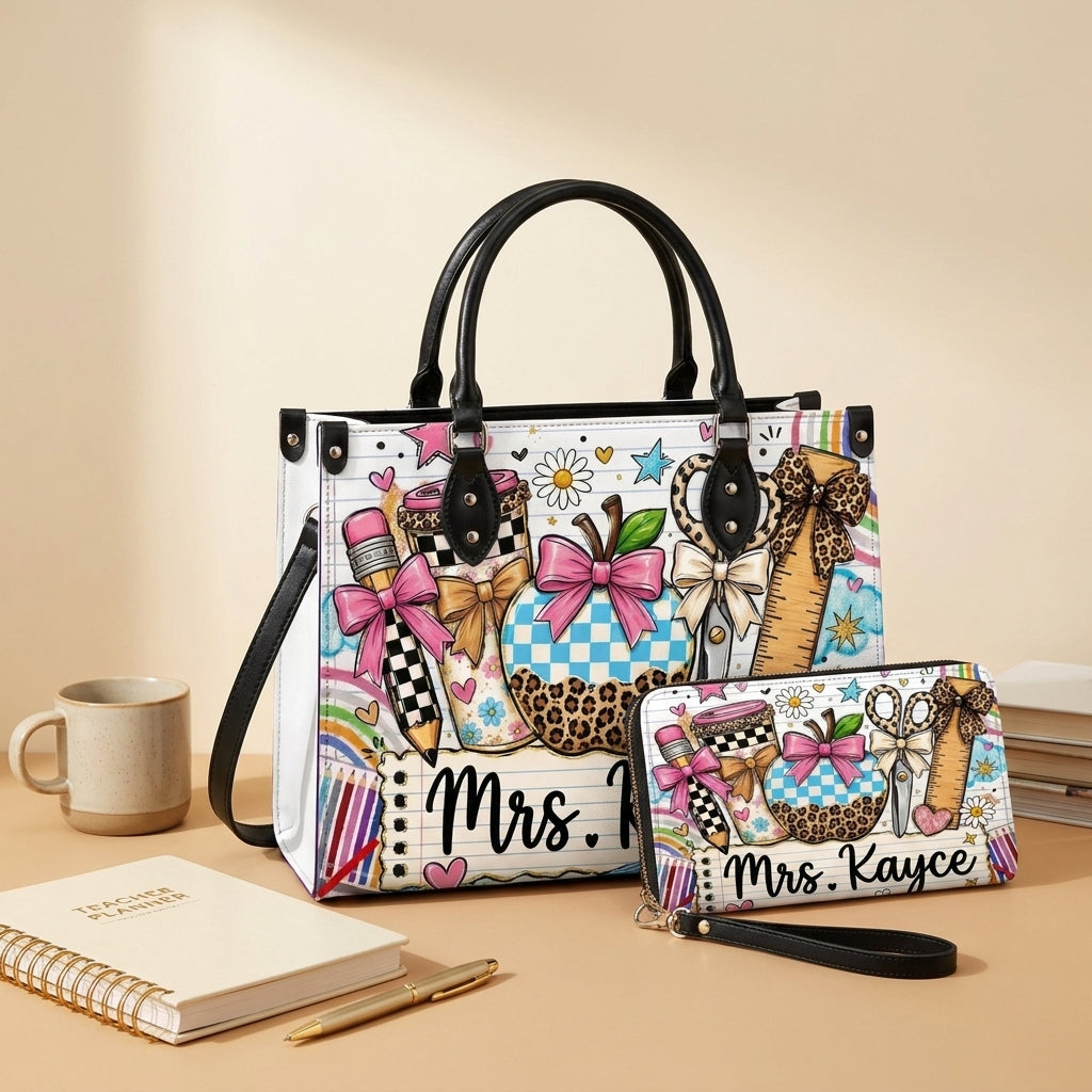 Leopard Apple Teacher Name Personalized Leather Bag + FREE Matching Leather Wallet