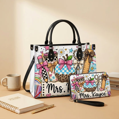 Leopard Apple Teacher Name Personalized Leather Bag + FREE Matching Leather Wallet