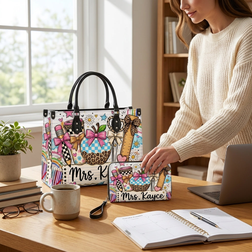 Leopard Apple Teacher Name Personalized Leather Bag + FREE Matching Leather Wallet