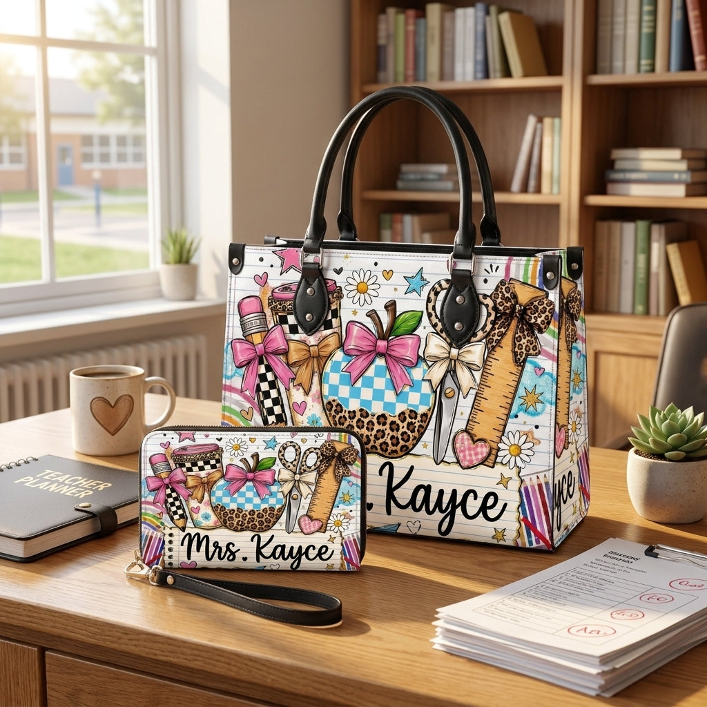 Leopard Apple Teacher Name Personalized Leather Bag + FREE Matching Leather Wallet