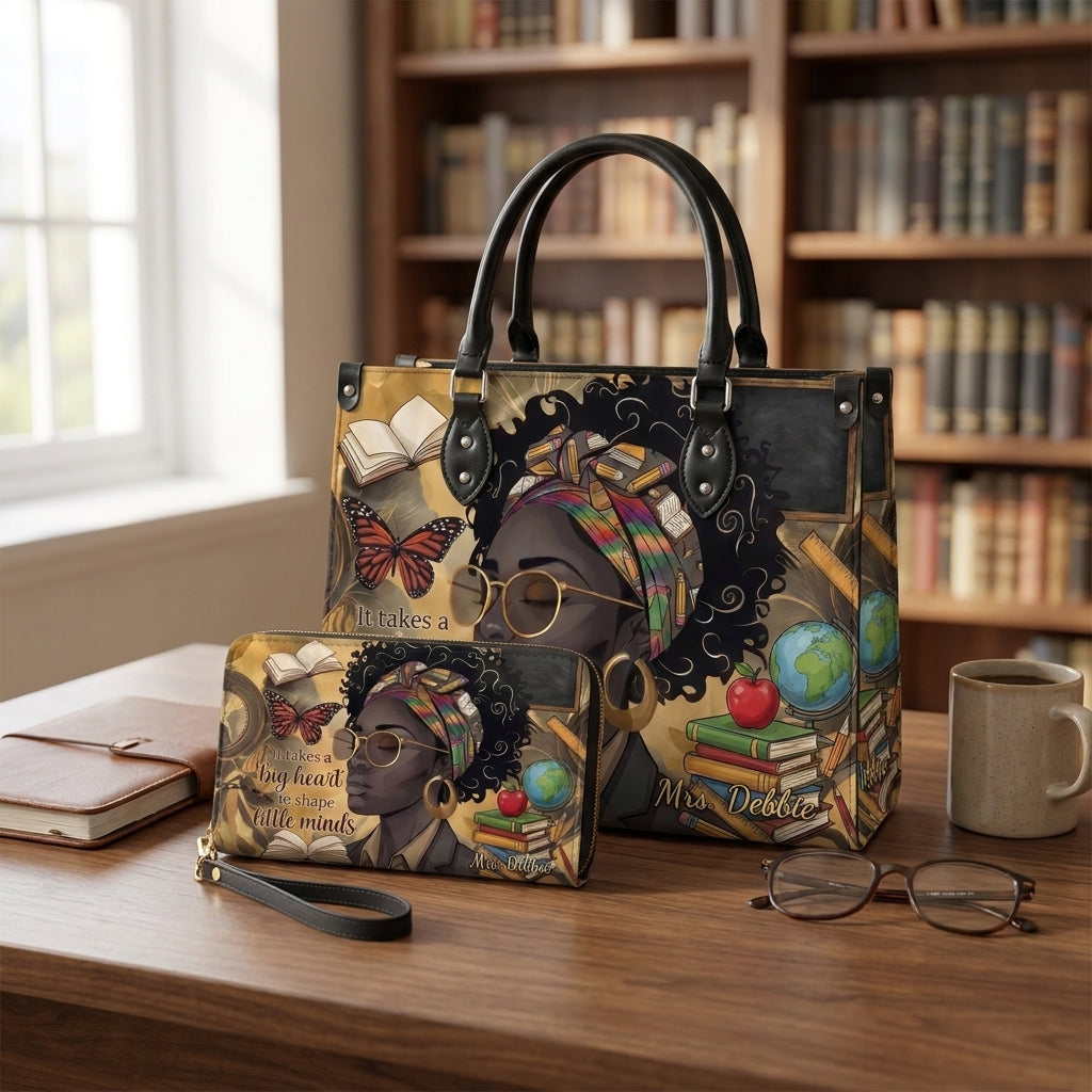 Big Heart to Shape Little Minds Personalized Leather Bag + FREE Matching Leather Wallet
