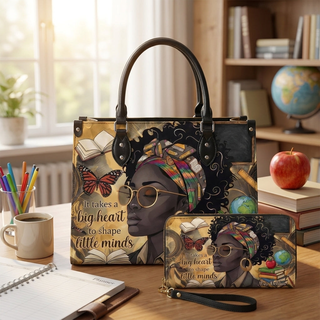 Big Heart to Shape Little Minds Personalized Leather Bag + FREE Matching Leather Wallet