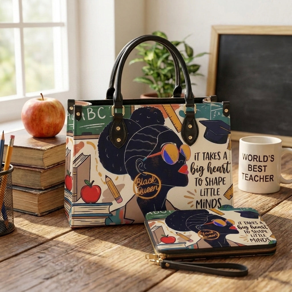 Black Queen Teacher Personalized Leather Bag + FREE Matching Leather Wallet