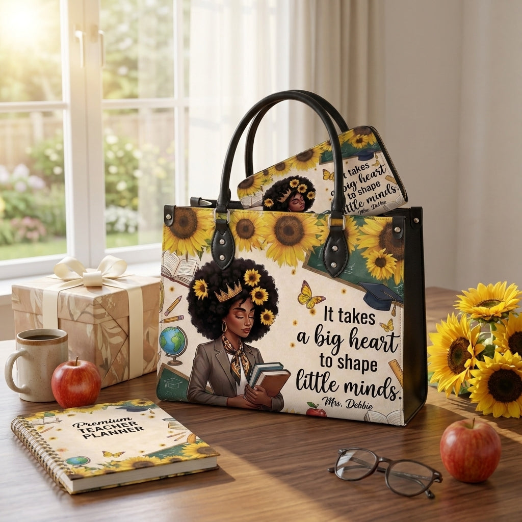 Sunflower Big Heart to Shape Little Minds Personalized Leather Bag + FREE Matching Leather Wallet