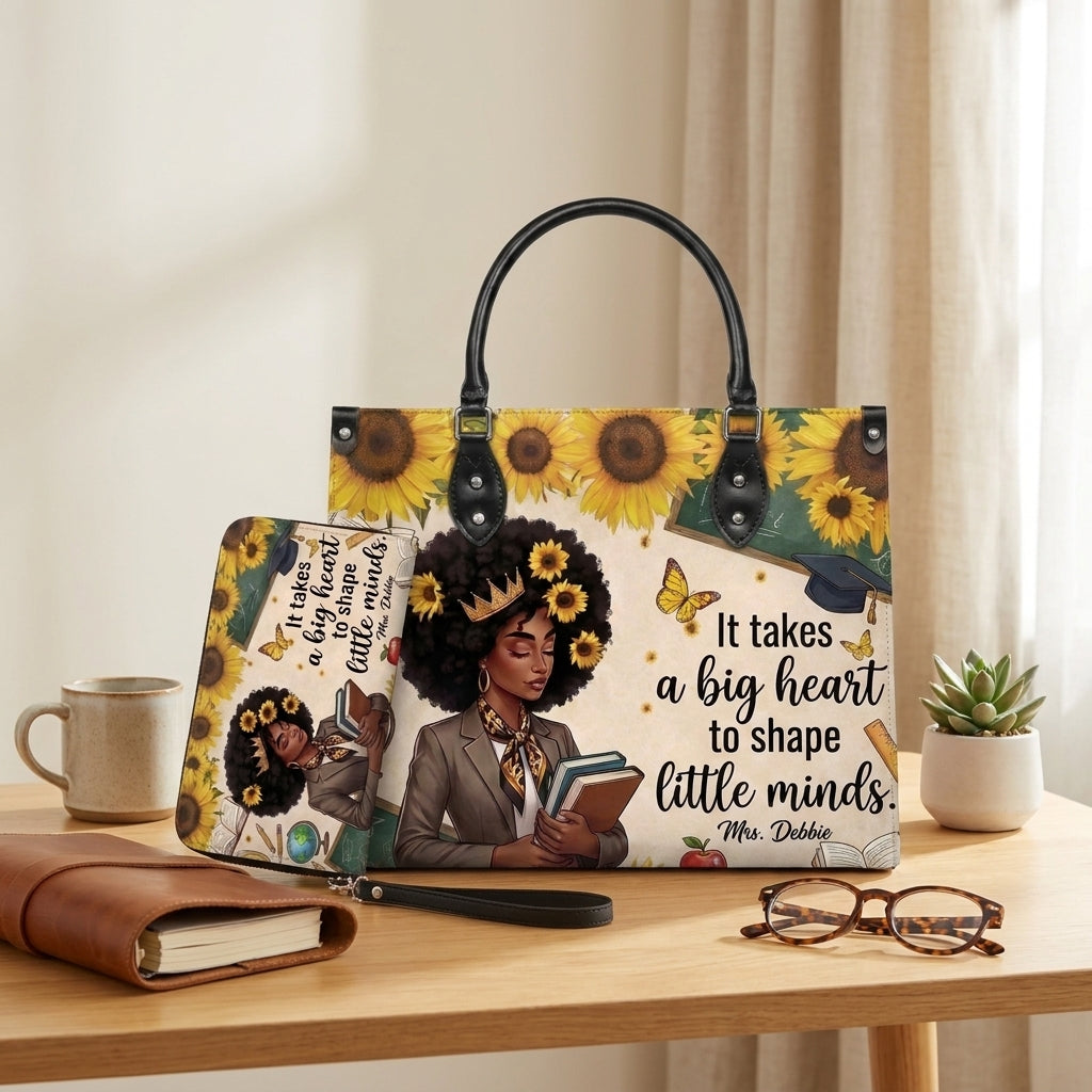 Sunflower Big Heart to Shape Little Minds Personalized Leather Bag + FREE Matching Leather Wallet
